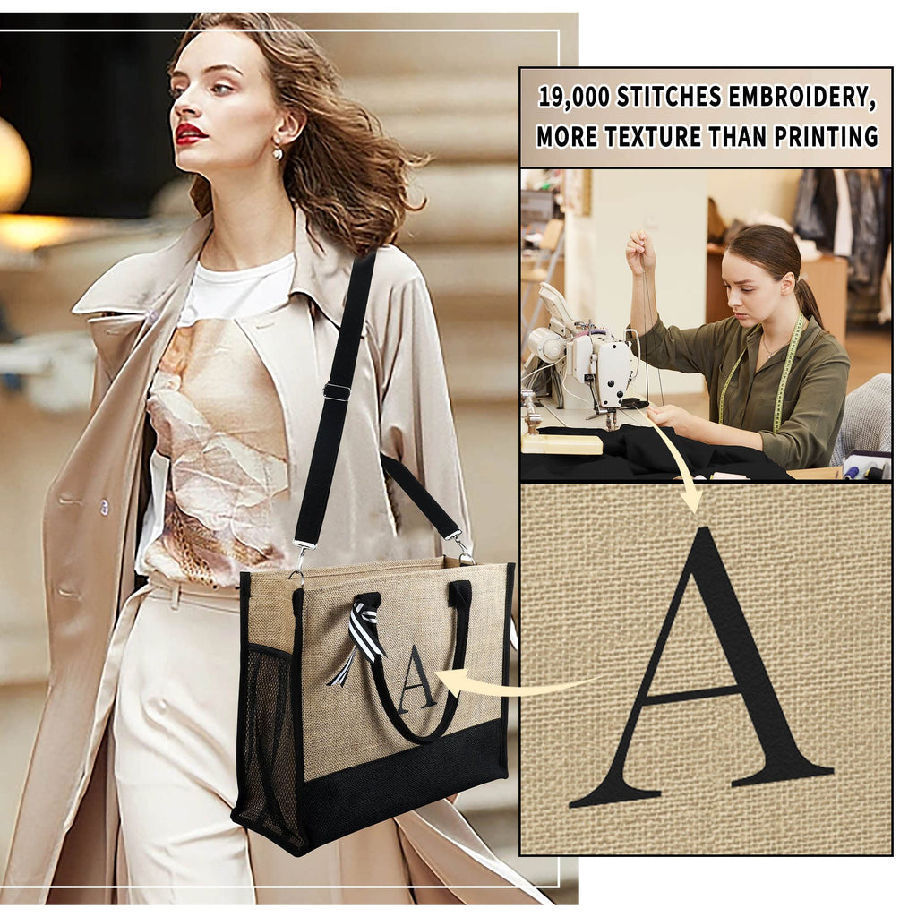 YOOLIFE Mothers Day Gifts for Women - Initial Jute Tote Bag & Makeup Bag, Birthday Gifts for Women Mom Wife Teacher Friend